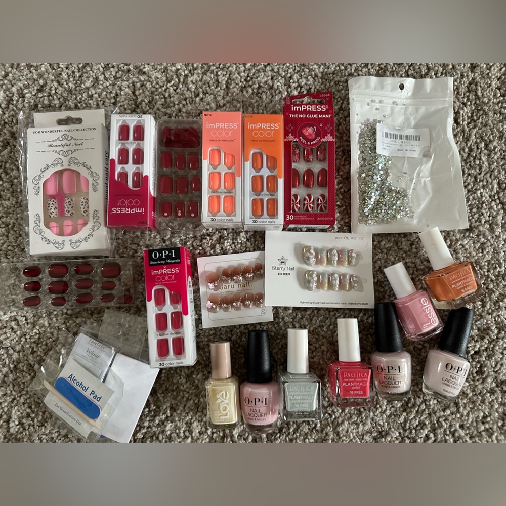 Huge lot Assorted Press-On Nails & Nail Polishes - Pink, Red, Orange, Nude